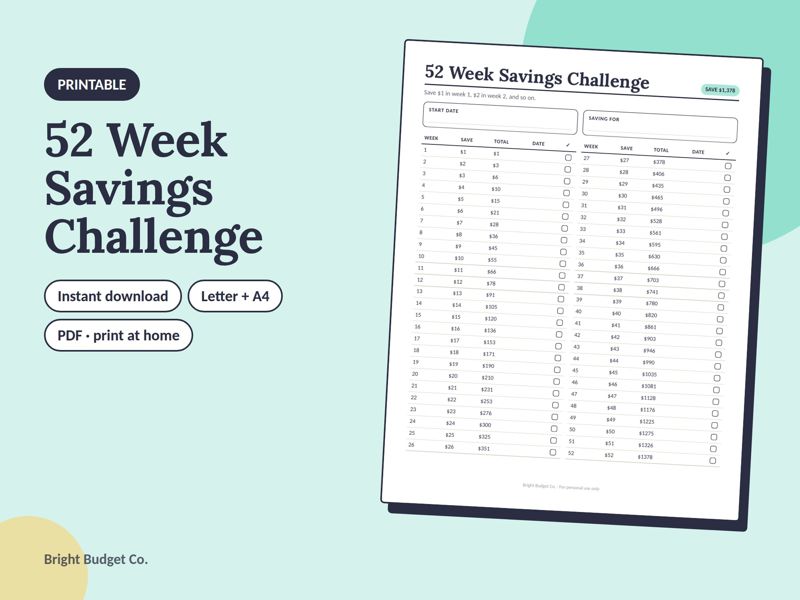 52 Week Savings Challenge printable preview