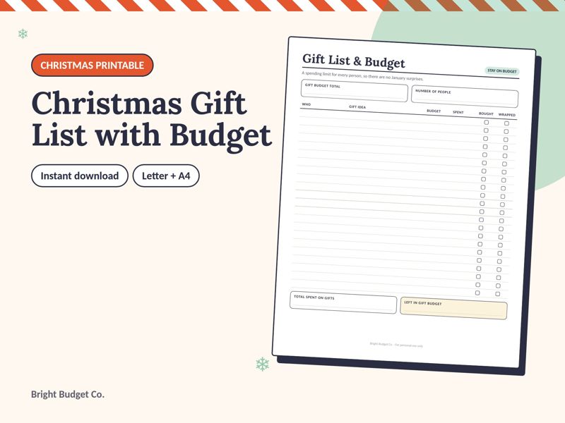 Christmas Gift List with Budget printable preview