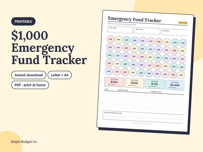 $1,000 Emergency Fund Tracker printable preview