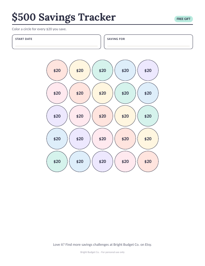Free printable $500 savings tracker with 25 colorful circles to color in
